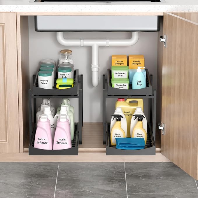 MHXW SXPN Bamboo Under Sink Organizer, 2 Pack Pull Out Cabinet Organizer | 2 Tier Vertical Smooth Slide Out Undersink Storage Shelf | Multi-Purpose Organizer Shelves for Kitchen Bathroom Medicine