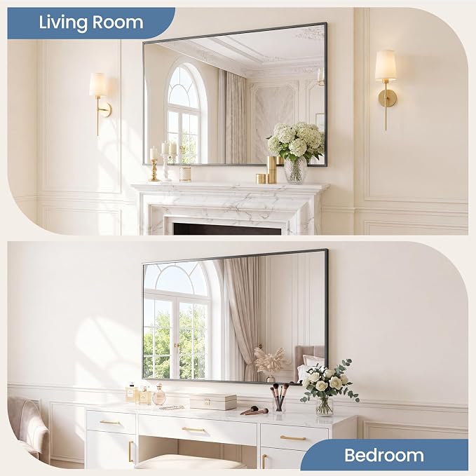 DUMOS Bathroom Mirror for Over Sink, 48"x30" Rectangle Wall Mount Mirror | Modern Vanity Mirrors with Tempered Glass and Metal Frame, Anti-Rust, Horizontal or Vertical for Home Decor, Black