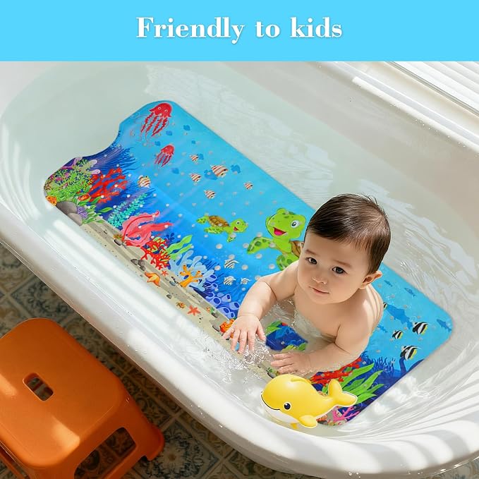 Secopad Bathtub Mat Non Slip, Cute Tub Mat, 40" x 16", Turtles | Rectangular, Anti-Slip, Machine Washable, with Drain Holes and Suction Cups,For Bathtub and Shower Floor, for Toddler & Kids
