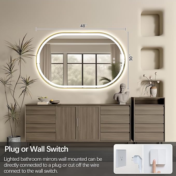 Oval LED Bathroom Mirror, Backlit + Front Lit Mirror Old Gold Frame | 3 Color Dimmable, Anti-Fog, 48"x30", Memory Function, Shatter-Proof, HD Glass, Pill-Shaped Mirror, Vertical or Horizontal