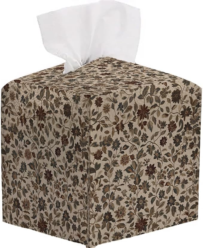Tissue Box Cover Holder Square - Vintage Boho PU Leather Decorative Organizer, Ethnic Carpet Pattern Design Inspired, with Bottom Belt for Bathroom Car Office Tabletop Home, 5x5 Inch (Brown)