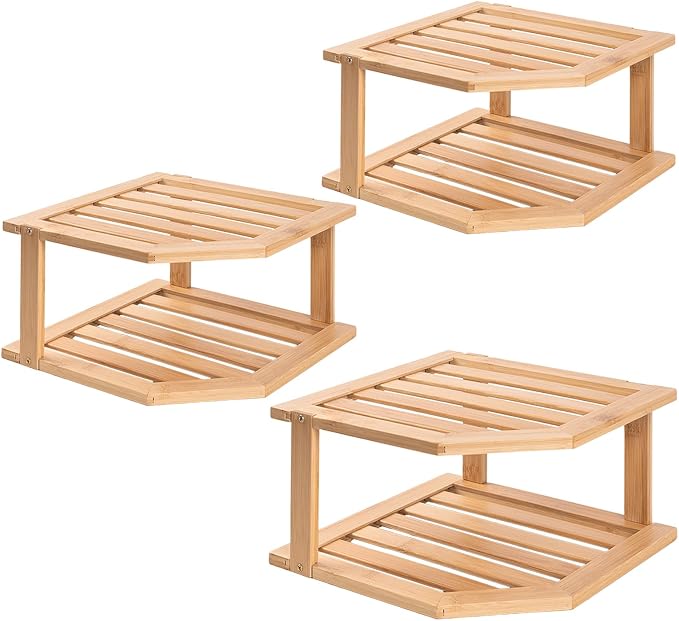 VERTORGAN 2 Tier Bamboo Corner Shelf 3 Pack Plate Organizer Kitchen | Pantry Storage,Dish Rack,Spice Rack,Corner Organizer,Kitchen Counter Shelves,Kitchen Storage,Holds Plates