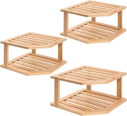 VERTORGAN 2 Tier Bamboo Corner Shelf 3 Pack Plate Organizer Kitchen | Pantry Storage,Dish Rack,Spice Rack,Corner Organizer,Kitchen Counter Shelves,Kitchen Storage,Holds Plates