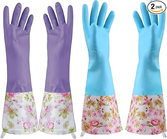 KINGFINGER Dishwashing Cleaning Gloves, 2 Pairs Reusable Rubber Gloves PVC Latex-Free Waterproof Long Cuff and Flock Lining Household Cleaning Gloves for Women