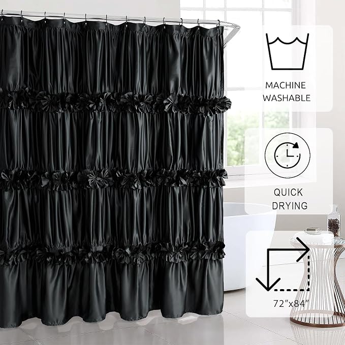 Black Ruffle Shower Curtain 72" W x 84" H | Vintage Handcrafted Bow Tie Bath Curtain for Master Bathroom, Ruched Satin Bathroom Curtain with 12 Buttonholes (LQ-10)