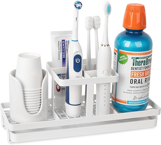 Toothbrush Holders Toothpaste Organizer Bathroom Accessories, White | Carbon Steel, 5 Slots, Removable Drip Tray, Easy to Clean, Electric Toothbrush Storage, for Countertop, Shower, Sink