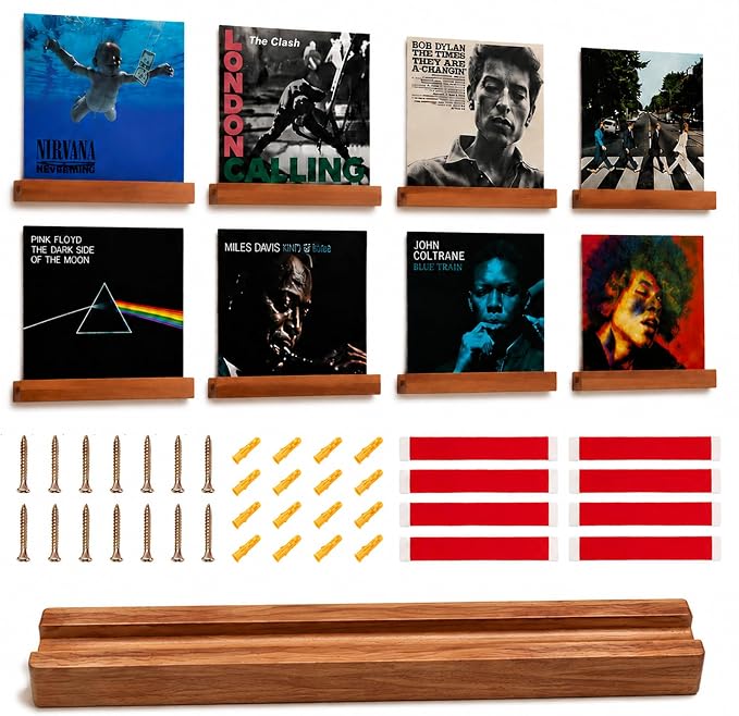 8-Pack No-Drill Vinyl Record Shelf Wall Mount Record Display Shelf | 12 Inch Wood Floating Record Shelf for LP Album Display,Vinyl Record Holder for Bedroom Living Room Music Room Decor