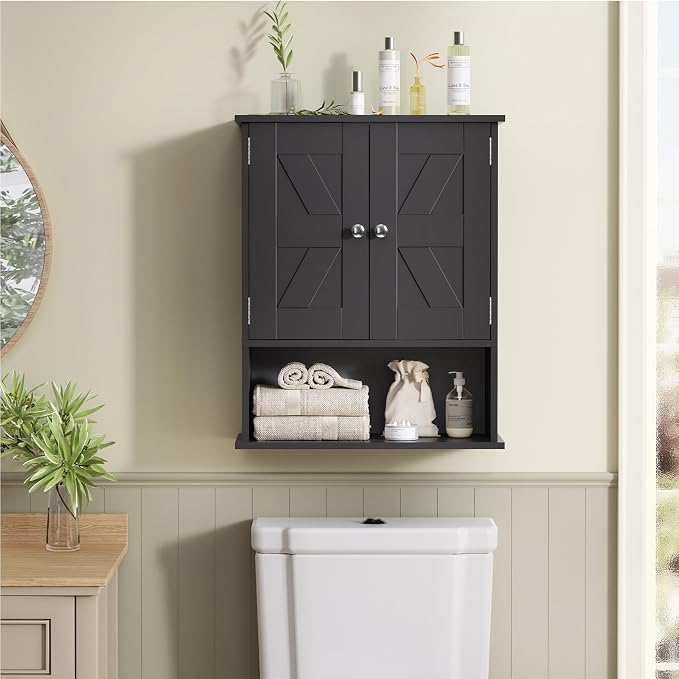 Bathroom Wall Cabinet, Over The Toilet Space Saver Storage Cabinet with Barn Doors & Adjustable Shelf, Hanging Medicine Cabinet, Black UNGGX003HV1