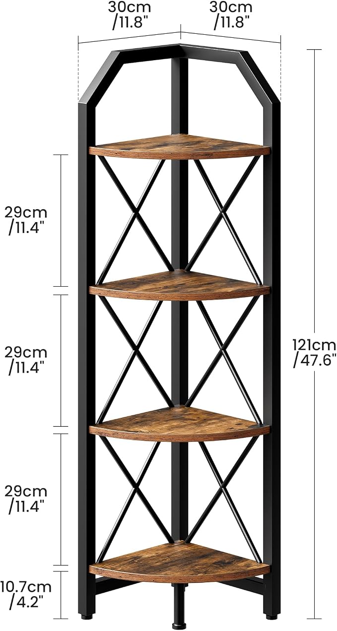 47.6" Corner Shelf, 4-Tier Industrial Corner Bookshelf, Corner Storage Stand, Corner Bookcase for Bedroom, Living Room, Home Office, Rustic Brown and Black TCJ09BF