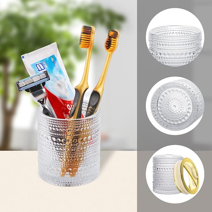 Clear Toothbrush Holders, 2pcs Glass Toothbrush Holder Set, 10oz Bathroom Tumbler Cup, Gold Tooth Brush Holder Storage Cup Organizer for Bathroom Accessories, Brushes,Toothpaste,Razor