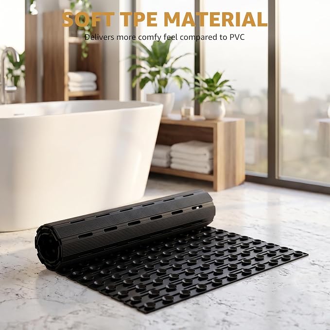 OTHWAY Non Slip Bathtub Mat, Soft TPE Black Shower Mat with Suction Cups | 36.6" x 16.9" Bath Mat for Tub Non Slip, Machine Washable Shower Floor Mat with Drain Holes