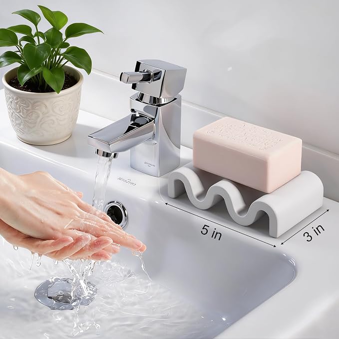 Diatomite Soap Dish Bar Soap Holder Wave Texture Sponge Tray, Light Grey | Quick Drying, Self Draining Design Helps Keep Bar Soap Dry for Bathroom Sink, Shower & Kitchen