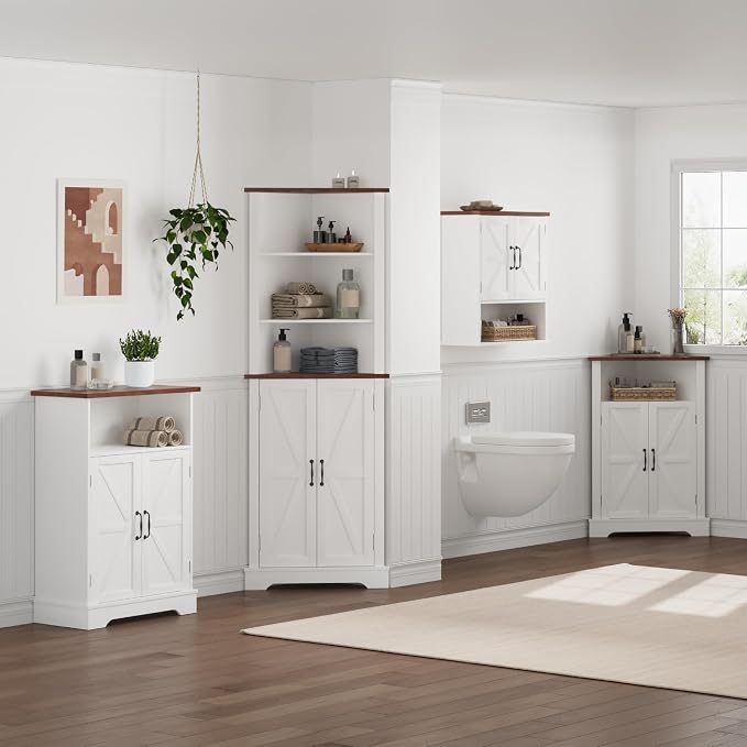 Smuxee Farmhouse Bathroom Cabinet Wall Mounted, White Small Medicine Cabinet with Adjustable Shelf, Bathroom Cabinet for Living Room, Laundry Room