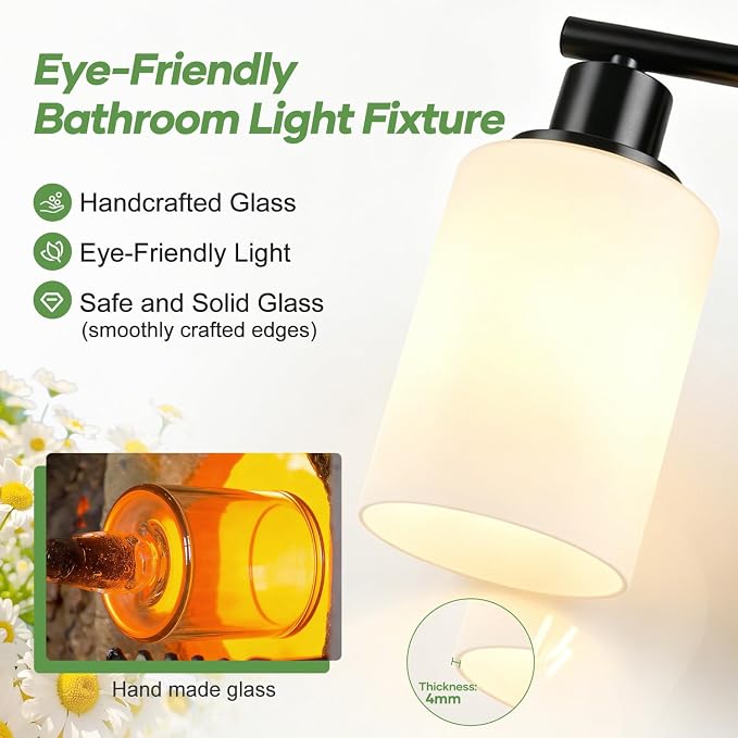 5-Light Bathroom Light Fixtures, Black Modern Vanity Lights with Milky White Frosted Glass Shades, Bathroom Wall Lamp, Clear Glass Shade, for Mirror, Living Room, Kitchen, Hallway, Cabinet, Porch