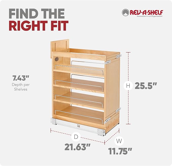 Rev-A-Shelf Maple Pullout Organizer w/ BLUM Soft-Close for Base Cabinets, Full Extension Slides & Adjustable Shelves, Min Opening Width of 11.5", 448-BCSC-11C
