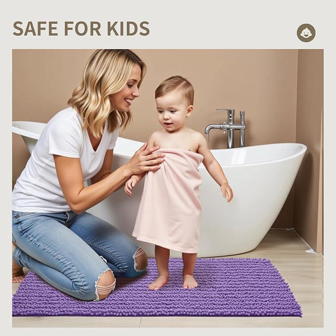 Bathroom Rugs Non Slip Washable 60x24, Extra Thick Soft Chenille Absorbent Bath Mat, High Density Barrier Non Slip Backing, Quick Dry Plush Shaggy Floor Carpet for Tub&Shower, Purple