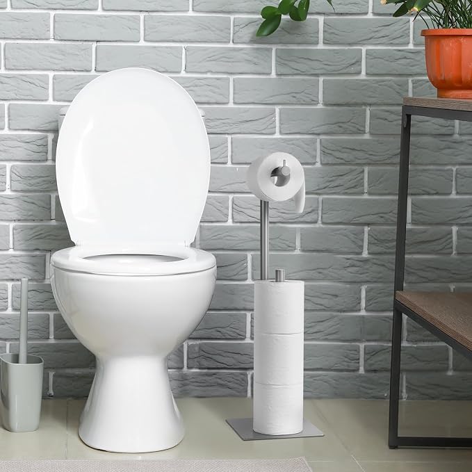 Toilet Paper Holder Stand Silver Toilet Paper Roll Holder for Bathroom, Freestanding Metal TP Holder with Reserve Toilet Tissue Storage Shelf, Holds Up to 4 Rolls of Paper | Freestanding TP Holder with Reserve Toilet Tissue Storage Shelf, Holds Up To 4...