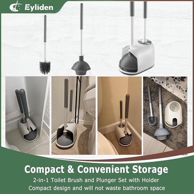 Eyliden Toilet Plunger and Brush Set, 2-in-1 Compact Holder, White | Unclogs Toilets, Deep Cleans Bowls, Nylon Bristles, Rubber Cup, Durable Plastic Caddy, Space-Saver, Bathroom Cleaning Tools