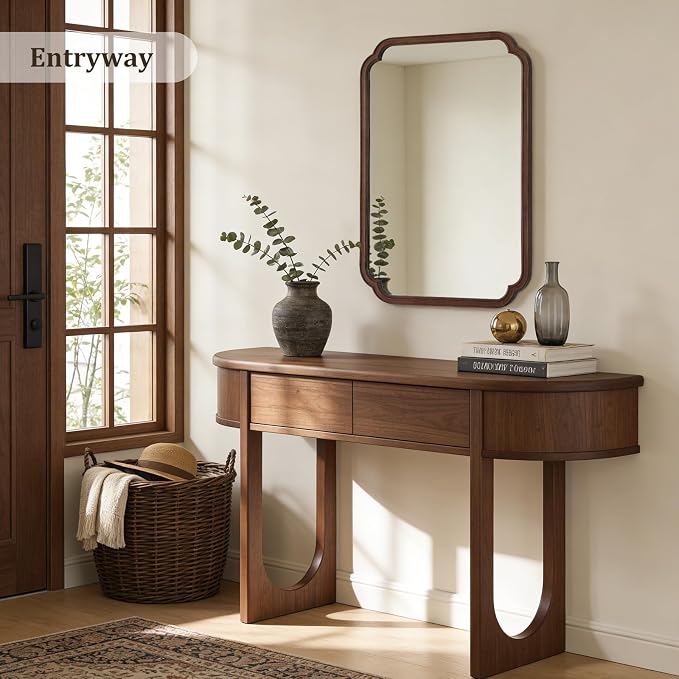 28" x 40" Wood Bathroom Mirror for Wall Mounted, Rustic Rounded Corner Vanity Mirror for Entryway, Living Room or Bedroom Home Decorative [28" x 40" Walnut Color]