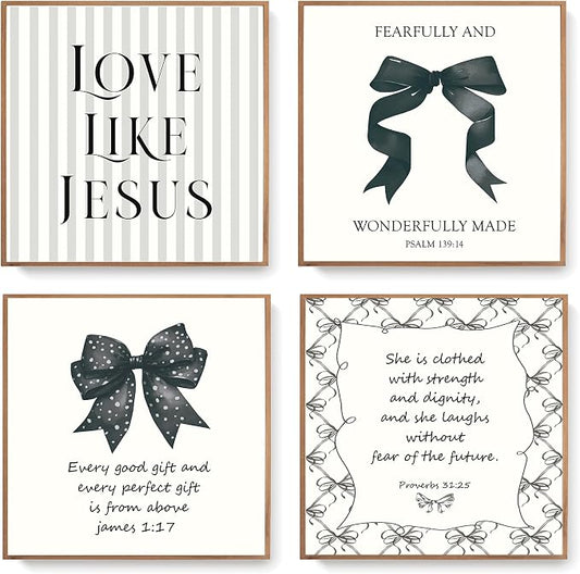 LARTSFRO Coquette Black Bow Jesus Wall Art Decor Posters, Black Bow Room Christian Bedroom Bathroom Wall Art Decor Aesthetic for Teen Girls College Gifts, Inspirational Bible Verses Bow Wall Decor, 10x10 Inch Set of 4 Bow Pictures(UNFRAMED)
