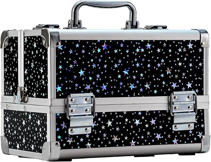 Leeora&Leekoo Makeup Train Case Cosmetic Box Portable Makeup Case Organizer 2 Trays Makeup Storage for Cosmetologist Aesthetic Supplies Nail Tech Traveling Makeup Box (Flashing Star)