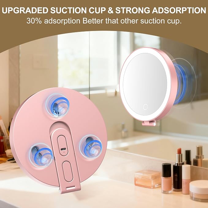 Mocado 30x Magnifying Mirror with Light, 6" Magnifying Mirror Suction Cup | 3 Colors Light, Dimmable Touch, 0-100% Brightness Adjustable, Stable Stand, 2000mAh Rechargeable, Handheld Mirror,(Rose Gold)