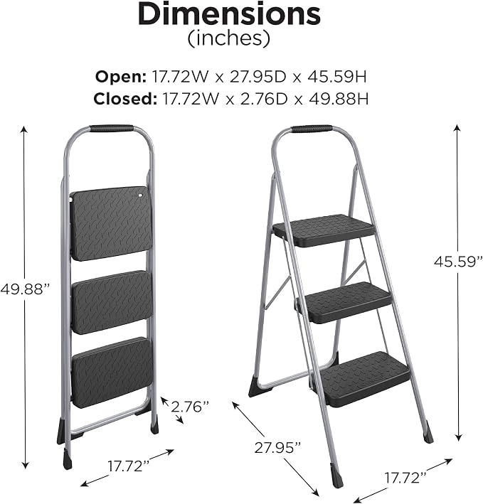 Cosco 11408PBL1E Three Step Big Step Folding Step Stool with Rubber Hand Grip, Grey