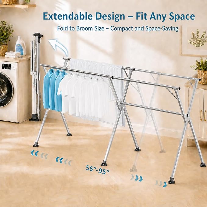 95 Inch Windproof Stainless Steel Folding Clothes Drying Rack | Heavy-Duty Collapsible Laundry Drying Rack for Indoor and Outdoor Use, Clothes Rack with 20 Hooks & 12 Clips