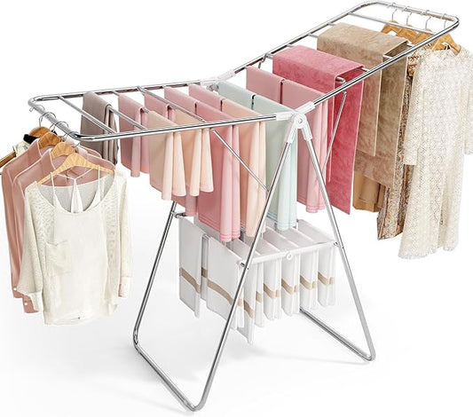 Large Stainless Steel Clothes Drying Rack | Drying Rack Clothing with Height-Adjustable, Foldable Gullwings Laundry Drying Rack, Indoor Outdoor Use, No Assembly, White