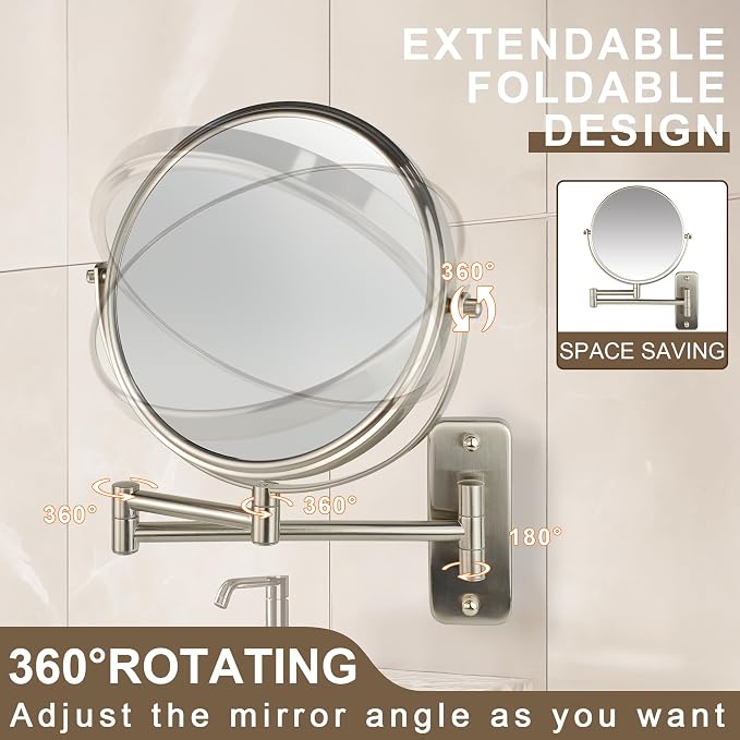 JANEEVA 8" Wall Mounted Makeup Mirror, 1X/10X Magnifying Mirror with 360° Extendable Arm, Double Sided Bathroom Vanity Mirror for Man & Woman (Brushed Nickel)