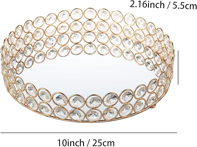 Feyarl Crystal Perfume Tray Makeup Cosmetic Vanity Organizer Jewelry Trinket Display Storage Mirrored Decorative Tray Skin Care Tray for Dresser Home Deco Birthday Gift(Round 10" inch) (Gold)