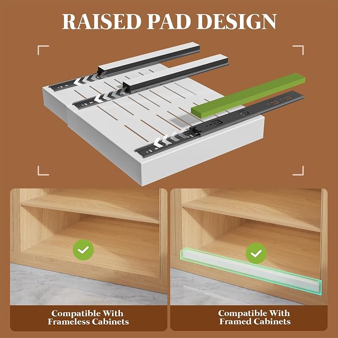 Seinloes 6 Pack Expandable Pull Out Cabinet Organizer 21"Deep With Raising Pad for Framed Cabinets,Upgrade 3 Slide Rails Slide Out Drawers,No Drill Roll Out Shelves,Adjustable Width 12.1"-20.4" White