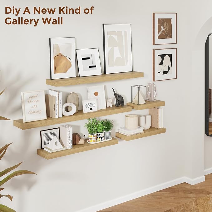 Heimlove 40 Inch Floating Shelves for Wall 8 Inch Deep Oak Shelves Set of 2,Wall Mounted Rustic Wood Long Floating Shelf with Invisible Brackets for Bedroom Kitchen Living Room
