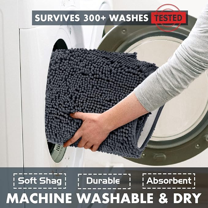 LuxUrux Plush Chenille Runner Rug – Ultra-Soft, Absorbent & Non-Slip Bath Mat for Bathroom, Hallway & More, Machine Washable (27 x 47 inches, Charcoal)
