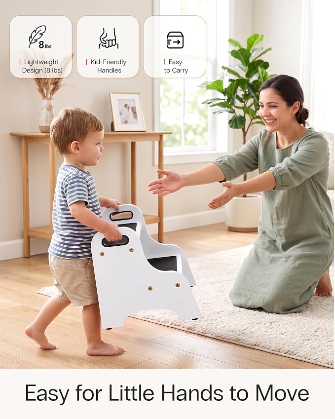 StrongTek Wooden 2 Step Stool, 350 lb Capacity, Non-Slip, White | Wide Non-Slip Surface, Portable Handles, Stable Support for Sink, Potty Training, Kitchen, Bathroom and Bedside