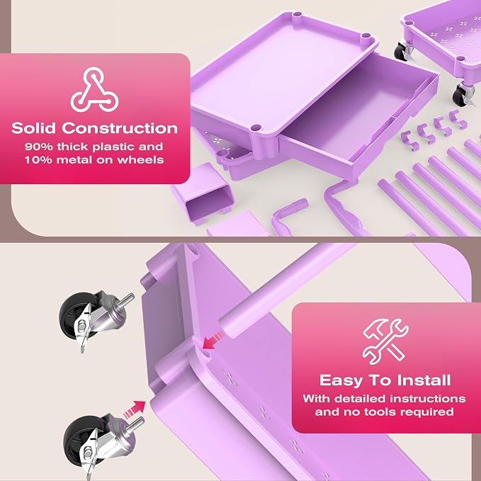 Goovilla Rolling Makeup Organizer Cart with Removable Drawer, 3 Tier Purple | Stable Floor Skincare Storage Cart for Vanity, Cosmetic Display, Nail Polish, Perfume, Hair Stuff, Beauty, Bathroom(Plastic)