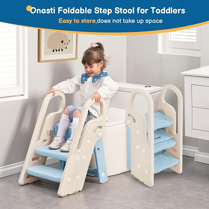 Foldable Toddler Step Stool for Bathroom Sink, Adjustable 3 Step Stool for Kids Toilet Potty Training Stool with Handles, Child Kitchen Counter Stool Helper, Plastic Ladder for Toddlers Blue