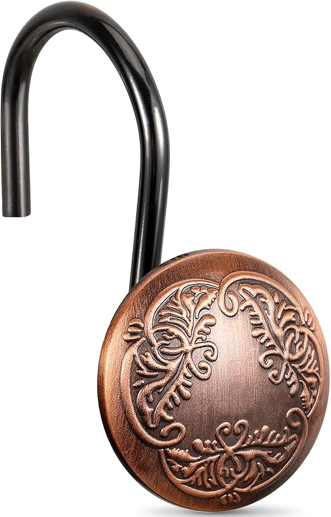 Chictie Bronze Shower Curtain Hooks Rings-Oil Rubbed Decorative Shower Curtain Hooks,Set of 12 Metal Rustproof Shower Hangers Rings for Bathroom Curtains Rods Vintage Brown Pattern Design