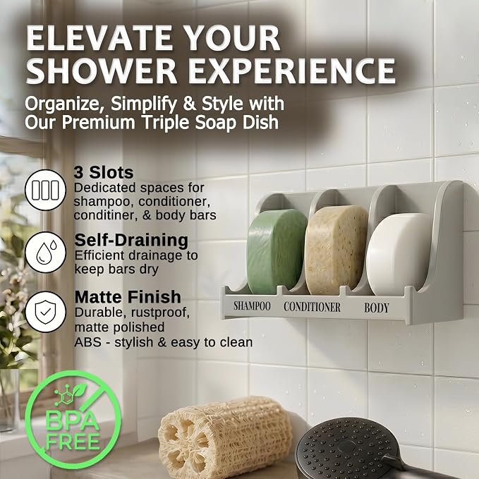 Soap Holder for Shower Wall, 3-Compartment Soap Dish for Shampoo, Conditioner and Body Soap, Fast Draining & Rust-Proof & Heavy Duty, Ultra-Strong Adhesive for Long-Term Bathroom Use & Freestanding