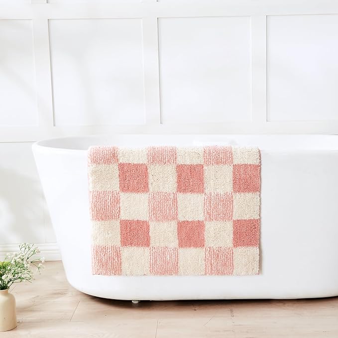 CozeCube Blossom Pink Checkered Bath Mat 32"x20" Non Slip Washable Rug | For Bathroom Non Slip, Fluffy Absorbent Microfiber Bath Mats Machine Wash, Stylish Cute Aesthetic Bathroom Rugs