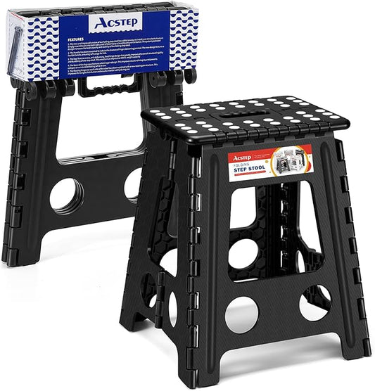 16 Inch Folding Step Stool, Heavy Duty, 400 lbs, Black | Lightweight Collapsible Stepping Stool for Adults with Handle, Non-Slip, for Kitchen, Bathroom, Bedroom and Outdoor Use