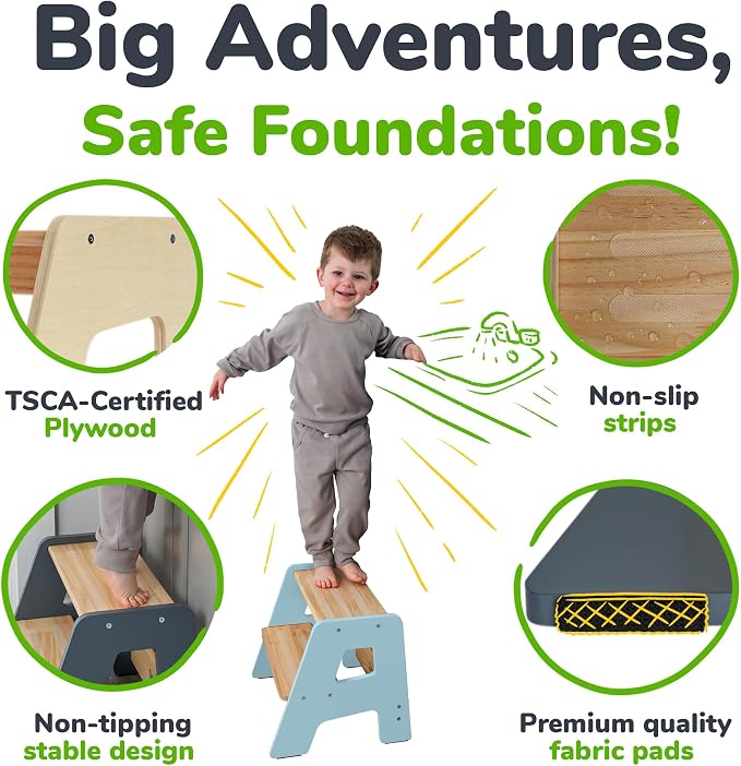 2-Step Wooden Toddler Step Stool for Bathroom Sink & Kitchen Use - Blue | Non-slip steps and padded feet for extra stability. Lightweight to carry, safely supports ages 2+ and adults up to 250 lbs.