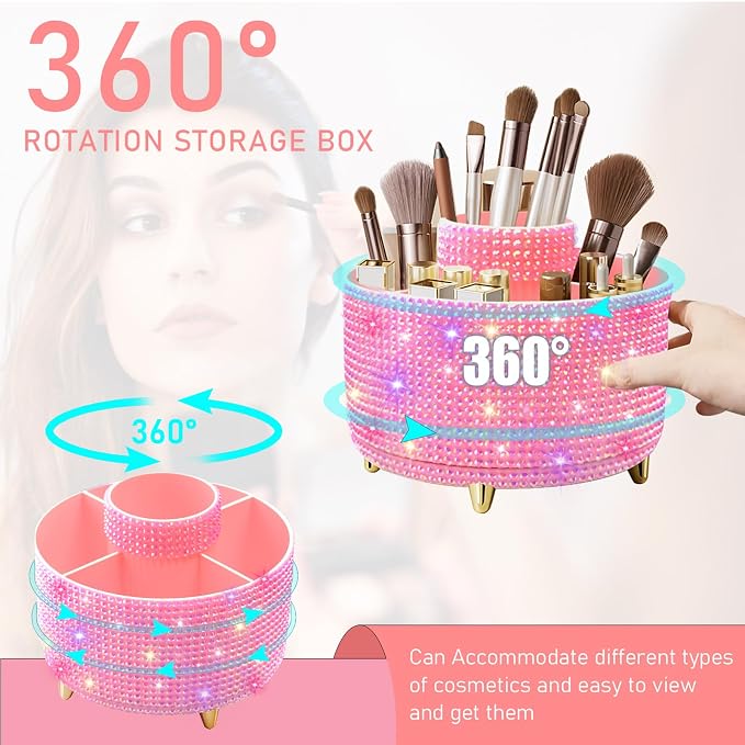 Bling Diamond 360° Makeup Brush Holder Organizer, Rotating Makeup Brush Organizer,5 Slot Make up Brushes Cup for Cosmetics, Vanity Desktop Organizer, Gift for Women Teen Girls- Diamond Pink
