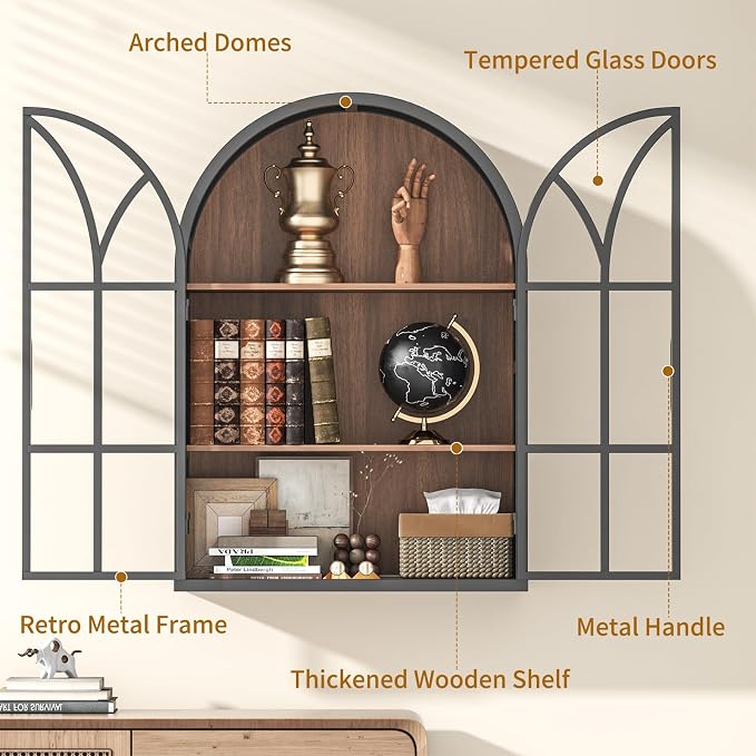 Arched Wall Cabinet with Glass Door, NO Assembly, Metal Wooden | Metal Frame, 12MM Wooden Shelves, Handcrafted Arched Design, 40-lb per Tier, 5MM Tempered Glass, for Bathroom Wall Medicine
