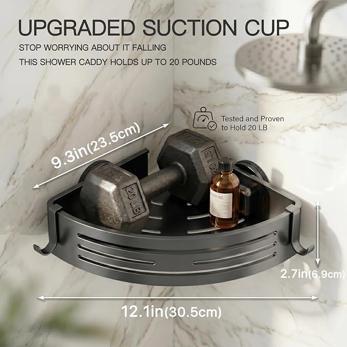 2 PCS Corner Shower Caddy Suction Cup, Rustproof Aluminum Shower Shelves with Hooks, No-Drilling Upgrade Bionic Suction Cup Shower Organizer, Removable Bathroom Storage Corner Shelf(Grey)