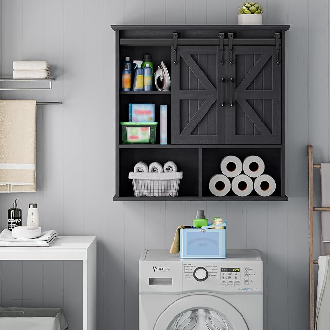 Vabches Bathroom Wall Cabinet, Farmhouse Medicine Cabinet, Black | Wooden Vintage Storage Cabinet Wall Mounted with Double Sliding Barn Door and Adjustable Shelf for Bathroom, Kitchen