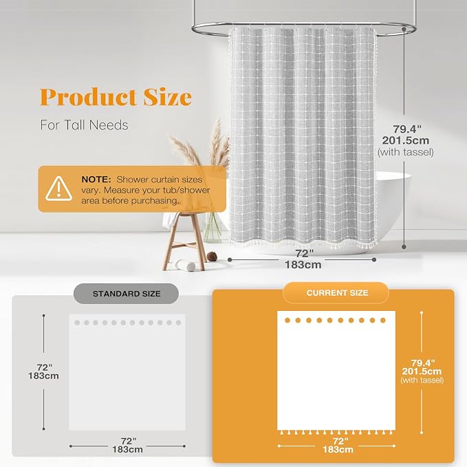72x78 Boho Farmhouse Linen Heavy Duty Cloth Shower Curtain, Gray/Grey | Long Size, 330GSM Linen Blend, 3-side Tassels, Water Repellent Fabric, 12 Plastic Hooks, Bohemian Style, Machine Washable