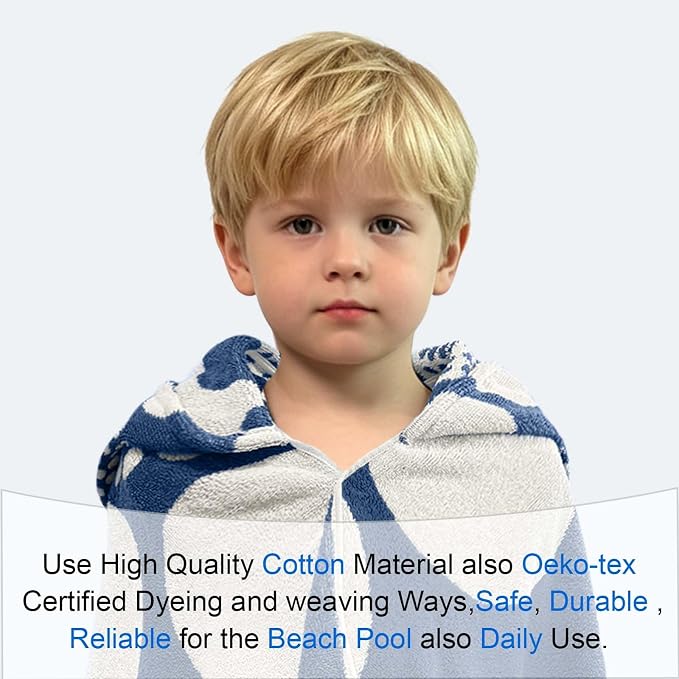 VOOVA & MOVAS Kids Hooded Towel, 3-8 Years, 100% Cotton, Dark Blue Dot | Classic Dot Jacquard Craft, Powerful Absorbency, Multi-Scene Use for Bath, Beach, Pool and Swimming
