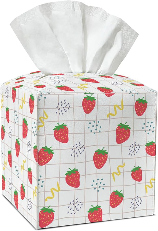 Strawberry Tissue Box Covers Square, Leather Tissue Box Holders Decorative for Car Nightstand Home Office Bathroom Organizer, Square Facial Paper Organizer Home Decor -016