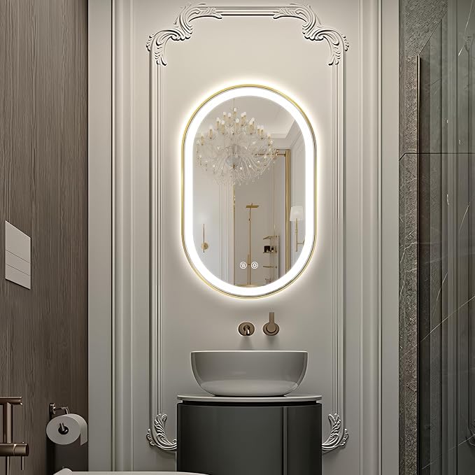 Oval LED Bathroom Mirror, Backlit + Front Lit Mirror Old Gold Frame | 3 Color Dimmable, Anti-Fog, 32"x20", Memory Function, Shatter-Proof, HD Glass, Pill-Shaped Mirror, Vertical or Horizontal